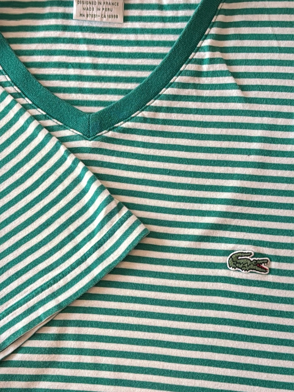 Lacoste Green & White Striped V-Neck Tee with Crocodile Logo